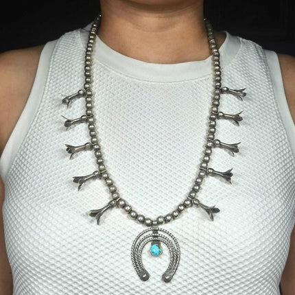 Vintage Navajo sterling silver and turquoise handmade squash blossom necklace