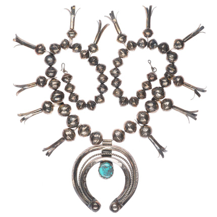 Navajo sterling silver Bisbee turquoise stamped beads squash blossom necklace