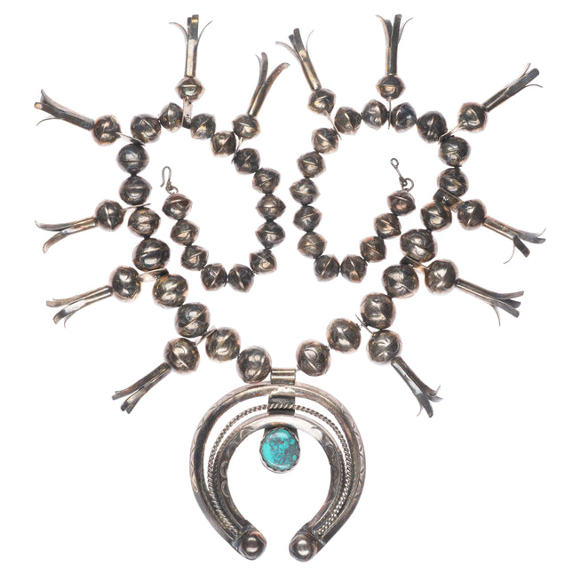 Navajo sterling silver Bisbee turquoise stamped beads squash blossom necklace