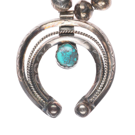 Navajo sterling silver Bisbee turquoise stamped beads squash blossom necklace