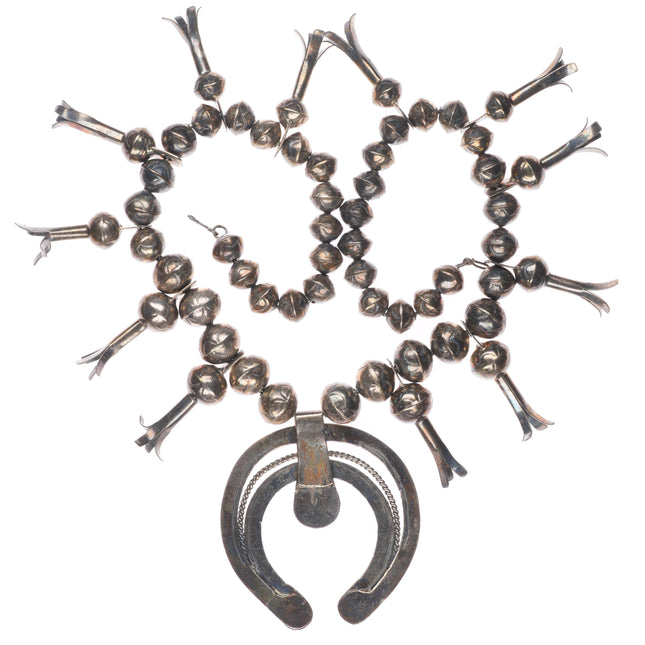 Navajo sterling silver Bisbee turquoise stamped beads squash blossom necklace