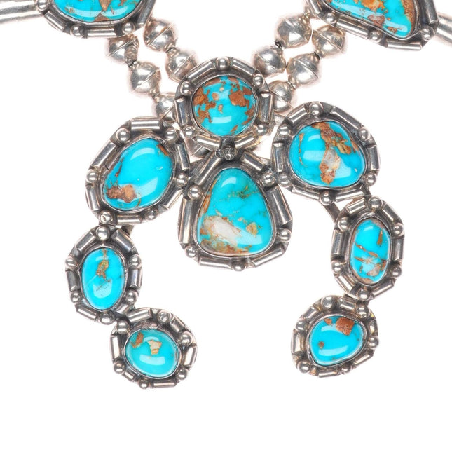 c1950 Navajo sterling silver high grade turquoise beaded squash blossom necklace