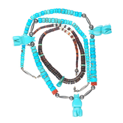 Vintage Santo Domingo/Kewa sterling silver turquoise beaded heishi necklaces