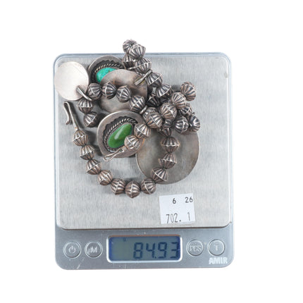 18" Vintage Navajo sterling silver turquoise tab pendants necklace fluted beads