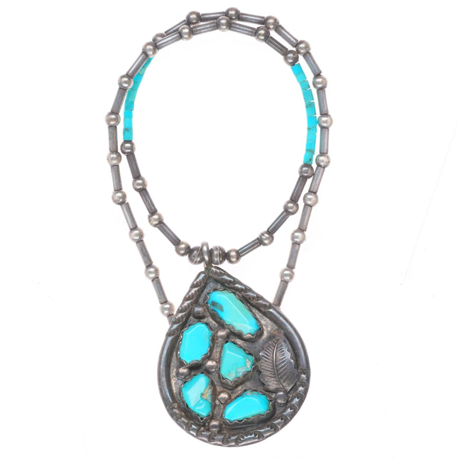 15.5" Penketewa Zuni vintage sterling silver beaded pendant necklace