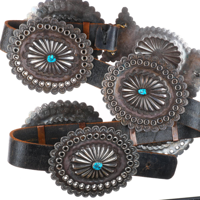 Heavy vintage Navajo deep stamped/repousse sterling silver turquoise concho belt