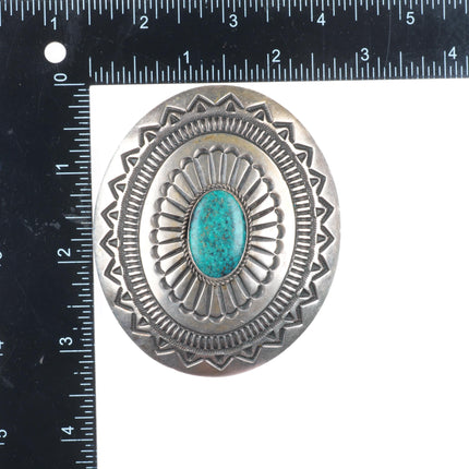 Henry Morgan Navajo deep stamped sterling silver belt buckle with nice turquoise