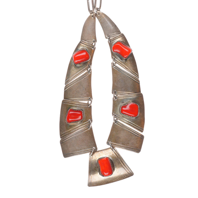 Vintage Max Largo Navajo sterling silver Mediterranean coral bib necklace