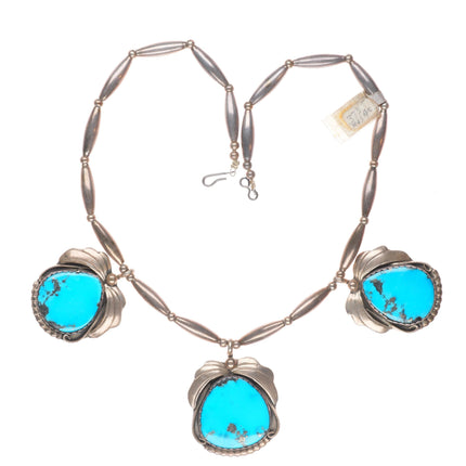 18" Vintage Navajo sterling silver 3 stone turquoise pendants necklace