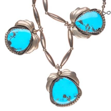 18" Vintage Navajo sterling silver 3 stone turquoise pendants necklace