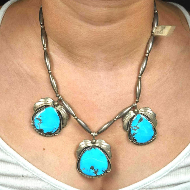 18" Vintage Navajo sterling silver 3 stone turquoise pendants necklace