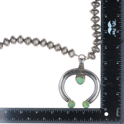 Heavy 32" Early Ingot silver Navajo pearl beaded necklace turquoise Naja pendant