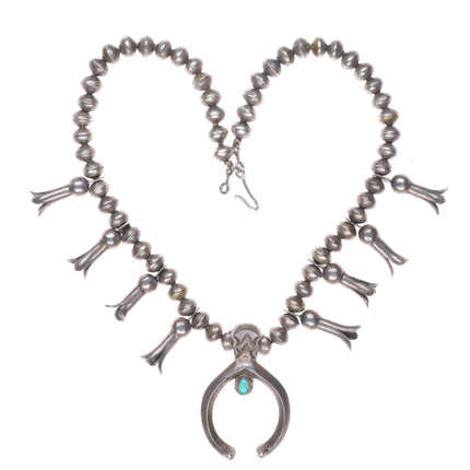 17" small Antique Navajo ingot silver squash blossom necklace turquoise naja