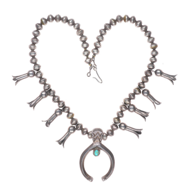 17" small Antique Navajo ingot silver squash blossom necklace turquoise naja