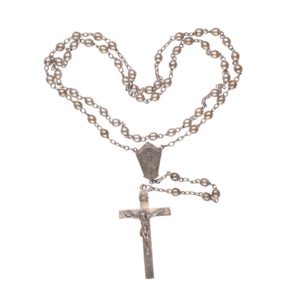 Vintage sterling silver beaded rosary necklace cross
