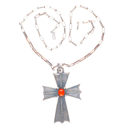 24" Vintage Navajo Tufa cast sterling silver cross pendant paperclip necklace