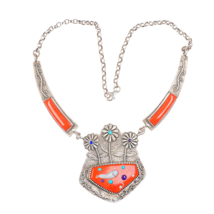Darryl Dean Begay Navajo Tufa Cast sterling silver-Coral/Opal/turquoise necklace