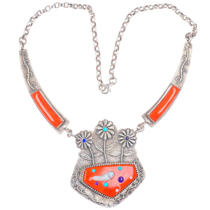 Darryl Dean Begay Navajo Tufa Cast sterling silver-Coral/Opal/turquoise necklace