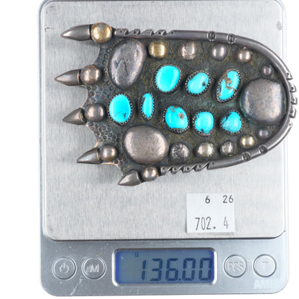 Big Vintage Navajo sterling silver bear paw belt buckle with turquoise
