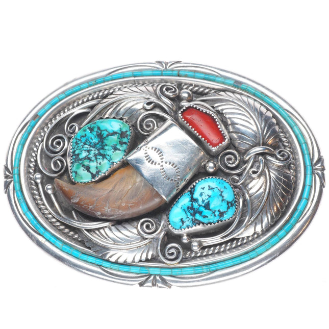 Vintage Navajo sterling silver heishi turquoise coral racoon claw belt buckle