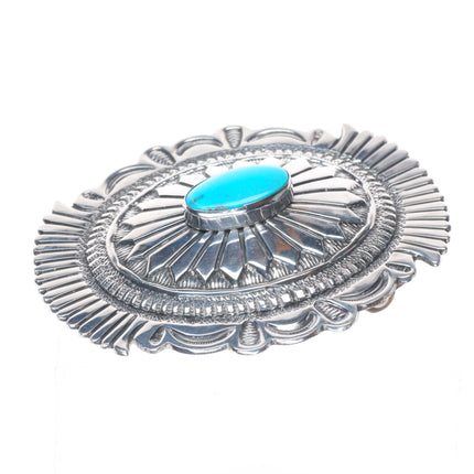 Vintage Navajo sterling silver deep stamped belt buckle with turquoise