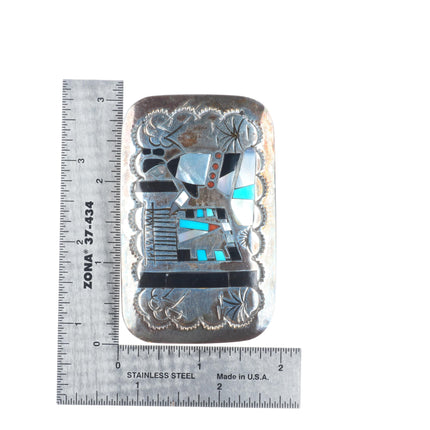 Vintage BB Navajo sterling silver storyteller inlaid belt buckle