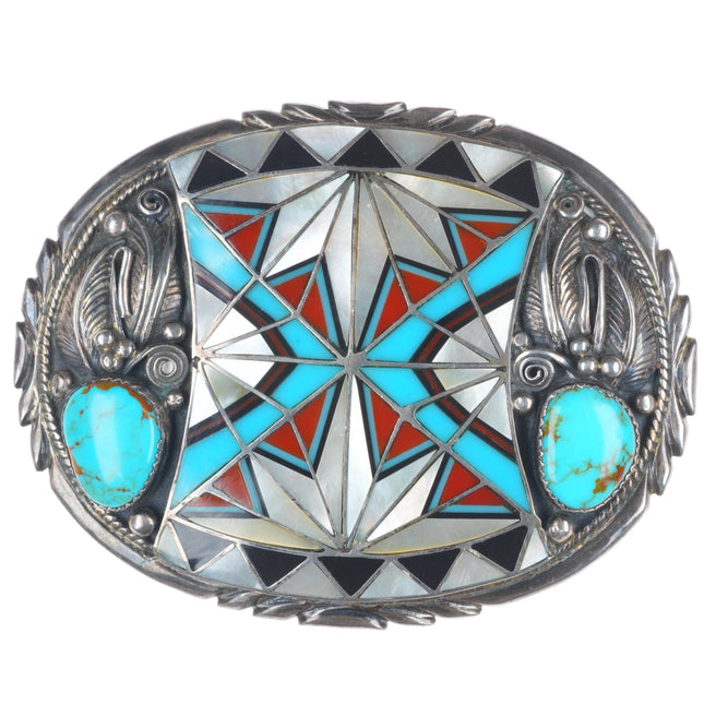 Vintage Navajo sterling silver turquoise shell/coral channel inlay belt buckle