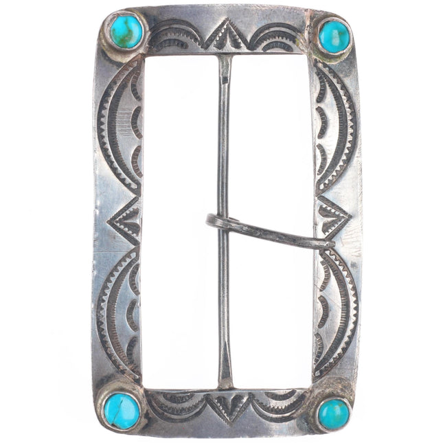 c1940's vintage Navajo hand stamped sterling silver belt buckle with turquoise