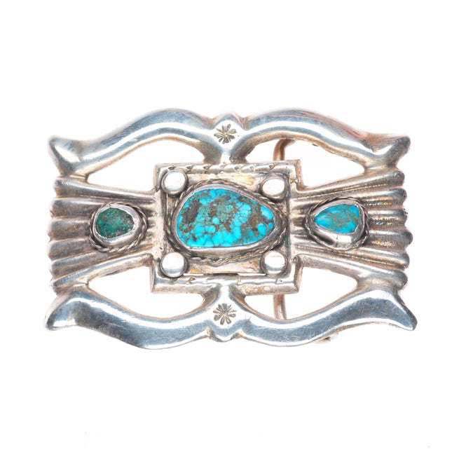 Vintage Navajo sandcast sterling silver belt buckle 3 stone turquoise
