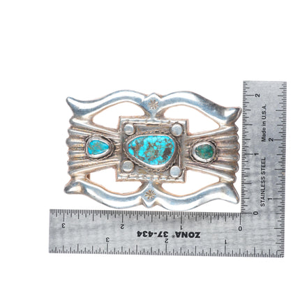 Vintage Navajo sandcast sterling silver belt buckle 3 stone turquoise