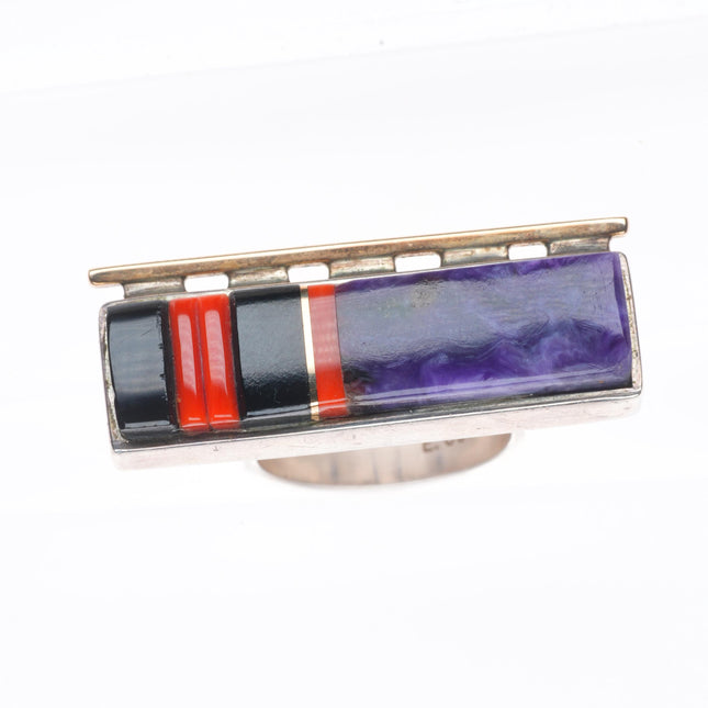 sz9.25 Edison Cummings Navajo sterling silver 14k gold sugilite, coral ring