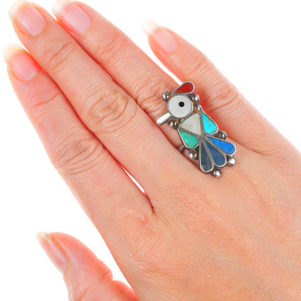 sz5 Vintage Zuni sterling silver peyote bird multi-stone inlay ring
