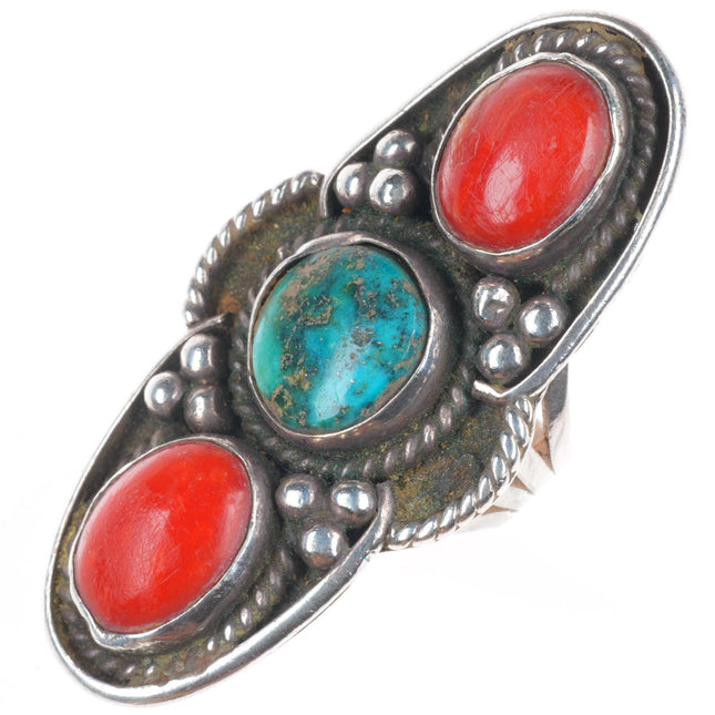 sz8.5 Big vintage Navajo sterling silver turquoise/coral 3 stone long ring