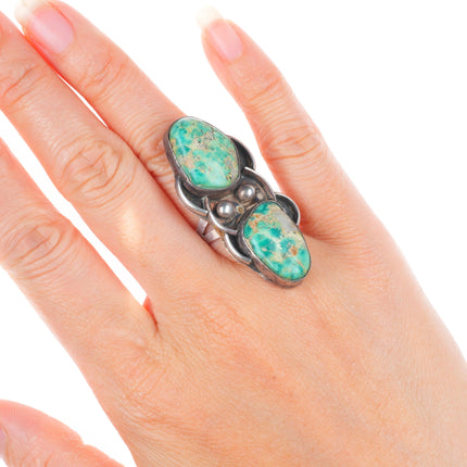 sz6 long vintage Navajo sterling silver green turquoise 2 stone long ring