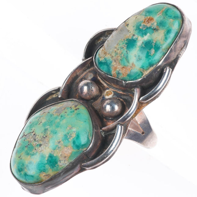 sz6 long vintage Navajo sterling silver green turquoise 2 stone long ring