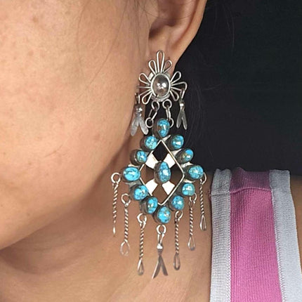 Vintage Puebloan Lone Mountain turquoise sterling silver chandelier earrings