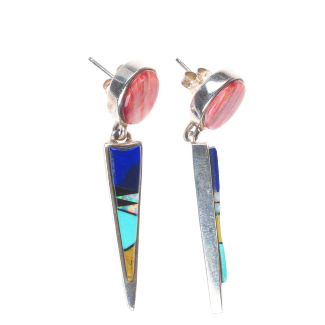 Calvin Begay Navajo sterling silver spiny oyster, lapis, turquoise earrings