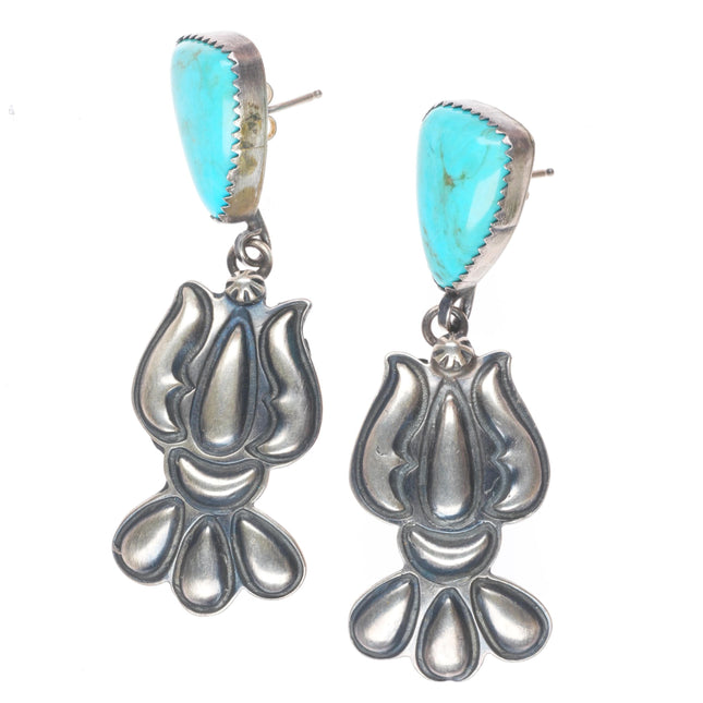 Vintage Navajo sterling silver turquoise bump out stamped long dangle earrings