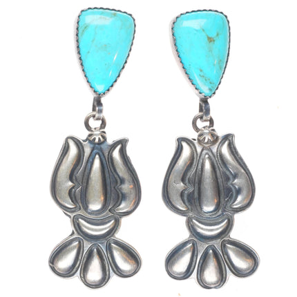 Vintage Navajo sterling silver turquoise bump out stamped long dangle earrings