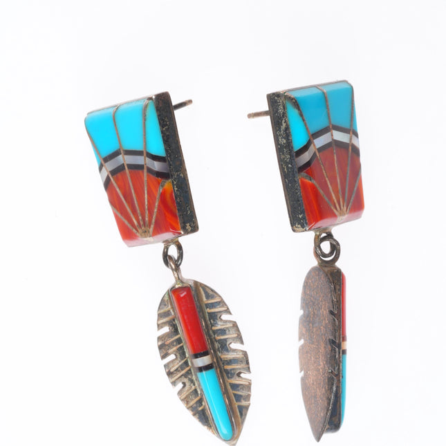 Vintage Zuni sterling silver, turquoise, coral, shell feather inlay earrings