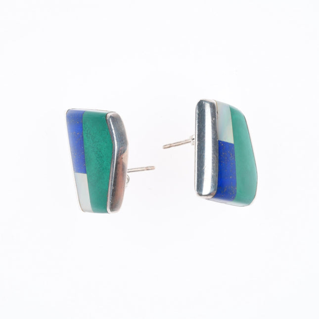 Jim Royer Navajo sterling silver malachite, lapis, shell inlay earrings