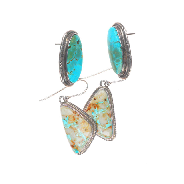 2 pr Vintage Navajo sterling silver ribbon/Royston turquoise earrings lot