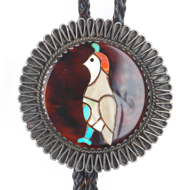 c1960 c-31 vintage Zuni sterling silver Shell-coral, turquoise in quail bolo tie