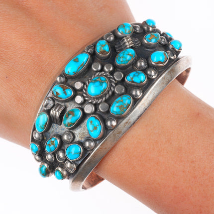 6.8" Vintage Navajo high grade turquoise cluster sterling silver cuff bracelet