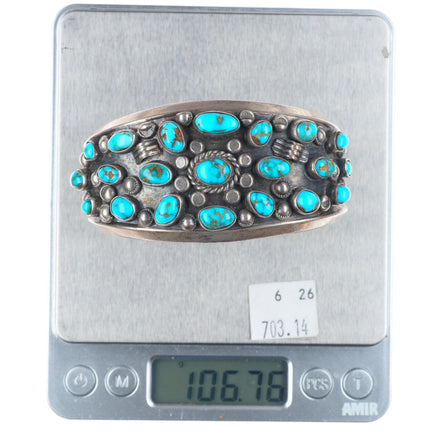 6.8" Vintage Navajo high grade turquoise cluster sterling silver cuff bracelet