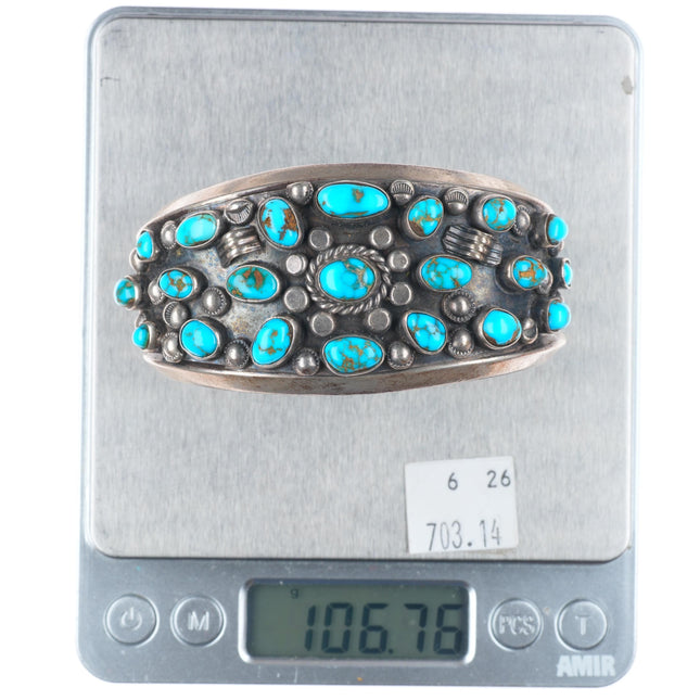 6.8" Vintage Navajo high grade turquoise cluster sterling silver cuff bracelet