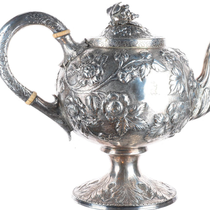 c1850 Antique American Samuel Kirk & Son Coin Silver repousse teapot Sterling