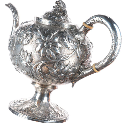 c1850 Antique American Samuel Kirk & Son Coin Silver repousse teapot Sterling