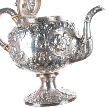 c1850 Antique American Samuel Kirk & Son Coin Silver repousse teapot Sterling