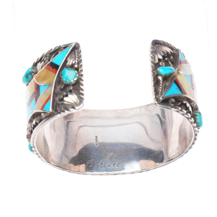 6.5" Vintage Navajo sterling silver Zuni inlaid turquoise cuff bracelet